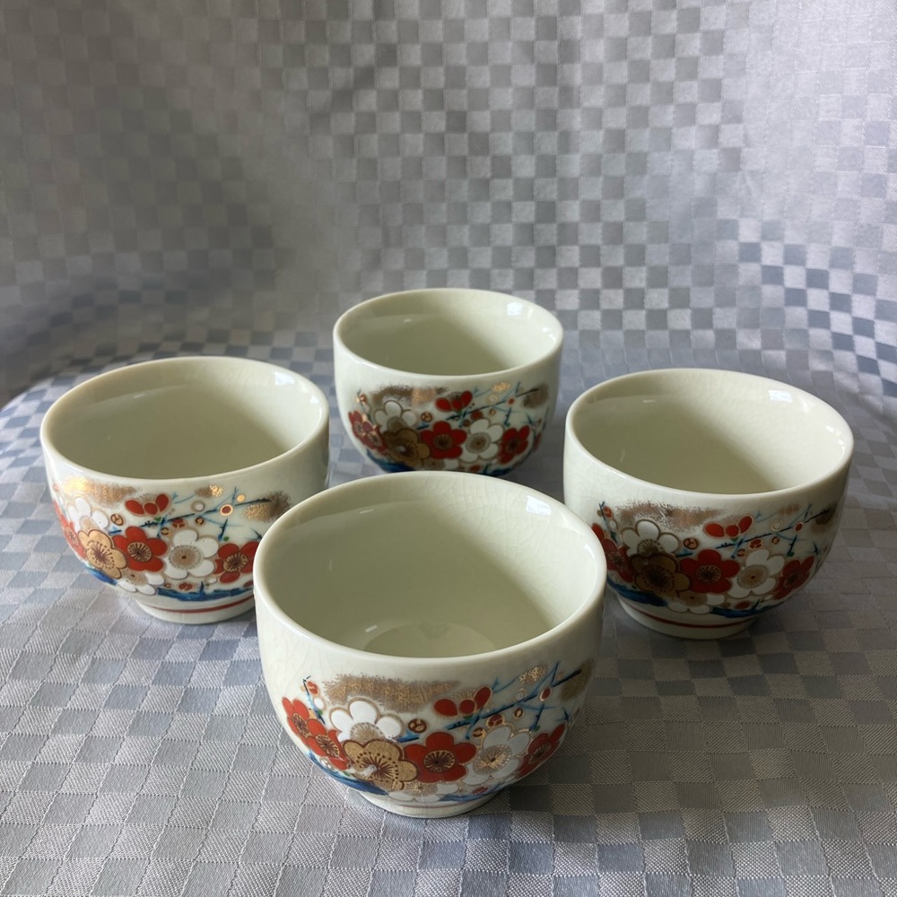 Japanese Plum Blossom Ceramic Sake Tea Cups Set of 4